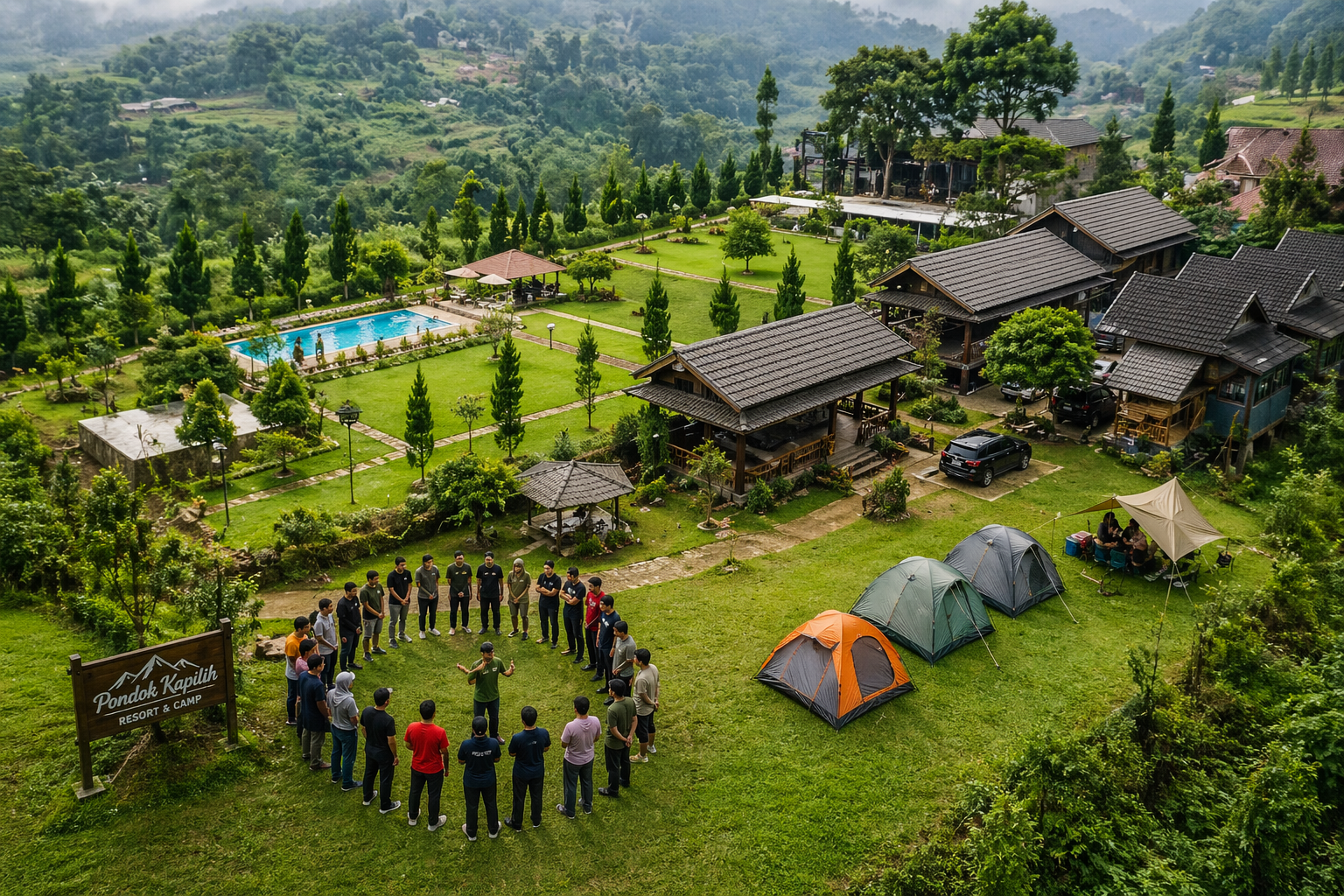 Area hijau Pondok Kapilih Pancawati dengan latar perbukitan, cocok untuk gathering dan outbound grup.